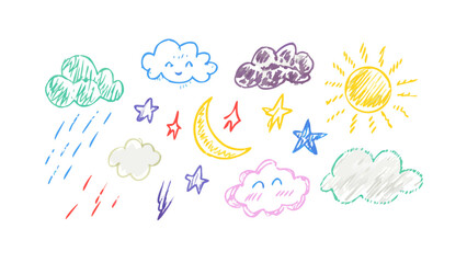 Hand drawn crayon weather elements with cute faces vector