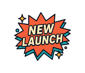 Retro pop art style vector badge design bold flat colors trendy 80s 90s palette clean outline. Text NEW LAUNCH inside starburst shape isolated on white