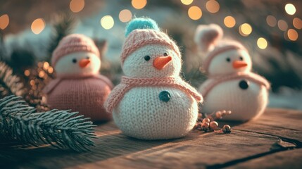 Handmade knitted snowmen on a wooden surface with pine branches and bokeh, festive scene.