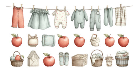 Vintage Baby Clothes and Apples on a Transparent Background