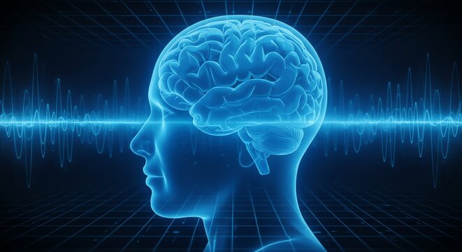 Human brain with neural network and sound waves