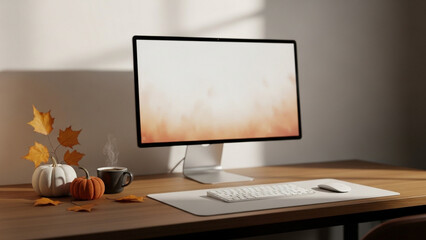 Cozy workspace setup with a modern computer autumn decoration and warm coffee