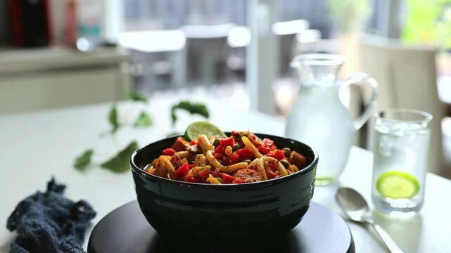 Rotierende asiatische Nudel-Bowl mit frischen Zutaten in Ultra HD
