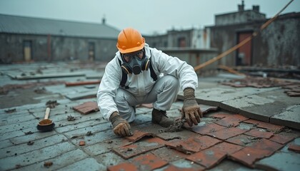 Worker in hazmat suit and gas mask inspects damaged roof tiles on building rooftop. Demolition or repair work underway. Cloudy day, construction site atmosphere. Protective gear essential for safety.