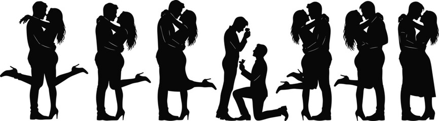 Romantic couples in various poses including dancing, hugging, kissing, holding hands and embracing vector illustration for love, wedding and celebration themes