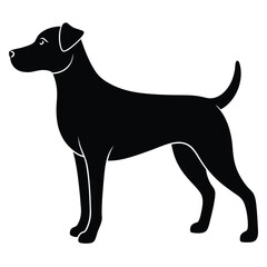 Black silhouette of a dog standing on a white background