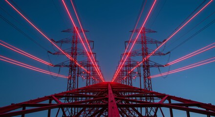 Power lines and towers against blue sky