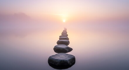Obraz premium Stepping stones across misty lake at sunrise