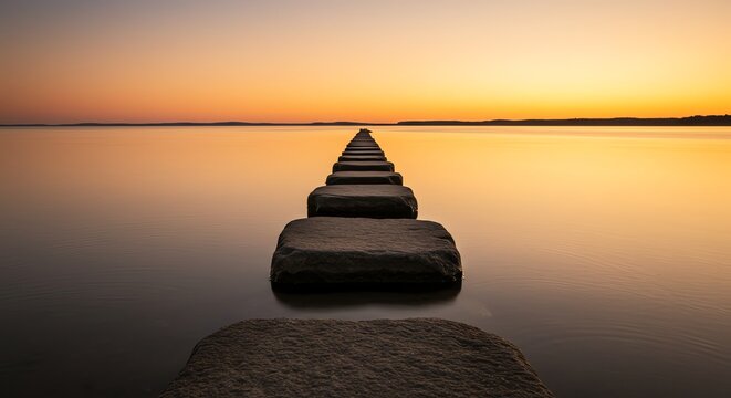 Stepping stones across calm lake at sunset