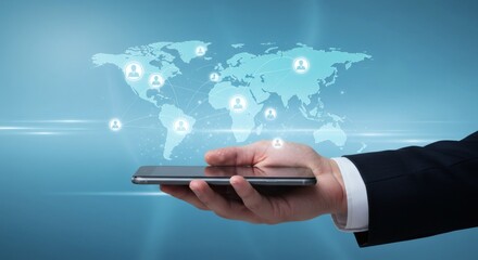 Global Connection Hand holding Phone with Worldwide Network Overlay.
