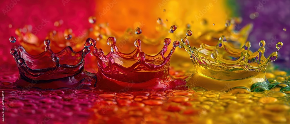 Poster vibrant colorful liquid splash with water droplets in motion creating dynamic and energetic visual e