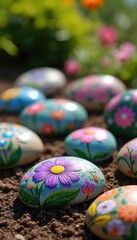 Fototapeta premium Collection of smooth, hand-painted stones decorated with vibrant floral patterns. Artful rocks arranged in garden setting, adding cheerful, natural beauty, detail to landscape. Stone features unique,