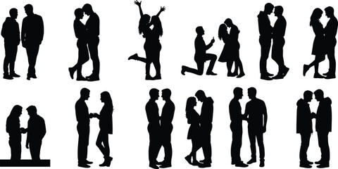 Romantic couple silhouettes in affectionate poses, kissing, hugging, holding hands, marriage proposal, love and relationship vector illustration for celebration themes