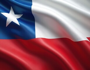 Waving Chilean national flag featuring blue canton with white star, red stripe, and white stripe. Fabric displays patriotic symbol of national pride, representing Chile identity and heritage.