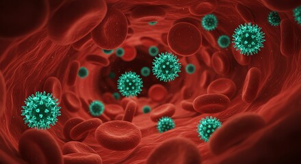 Viruses in bloodstream with red blood cells