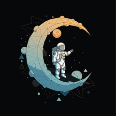 Astronaut standing on a geometric crescent moon with a friendly wave © Ridwan