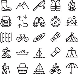 Outdoor adventure and camping icons set hiking backpacking kayaking fishing camping and more transparent background