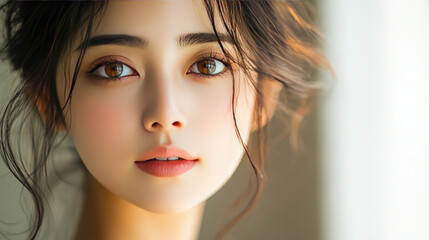 Fototapeta premium Beautiful Korean woman displaying radiant complexion, softly smiling while highlighting natural skincare glow and wellness-focused beauty approach