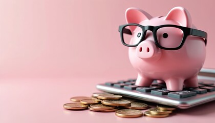 Pink piggy bank wearing glasses sits on calculator surrounded by coins. Image financial planning, investment, savings, money management. Represents wealth building, budgeting, responsible monetary