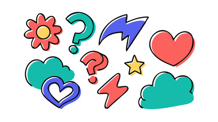 Playful cartoon icons with hearts and question marks star