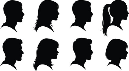 Male and female profile silhouettes, diverse hairstyles, facing left and right, head shapes, human profiles vector illustration for identification and design themes