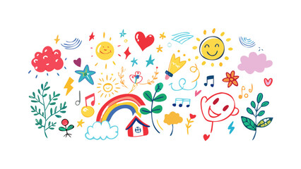 Cheerful doodle elements with sun rainbow and plants illustration colorful