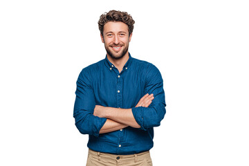 Confident man with arms crossed smiles with a blue background for social media, website assets, and branding.