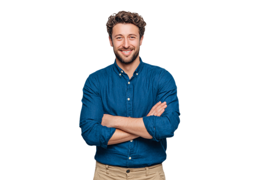 Confident man with arms crossed smiles with a blue background for social media, website assets, and branding.