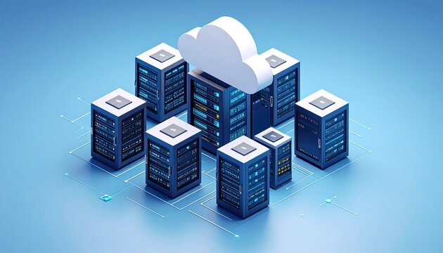 Cloud Computing Concept Server Racks with Cloud Icon with Data Storage.