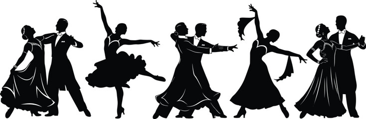 Elegant ballroom dance silhouette vector set showing couples in tuxedos and gowns performing waltz, tango, and graceful partner dance poses