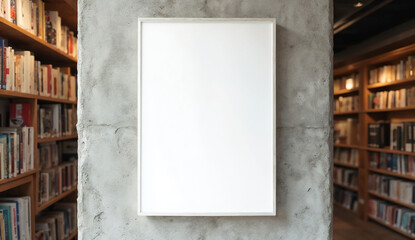 Blank white poster hanging in a modern bookstore with a concrete wall and bookshelves in the background.