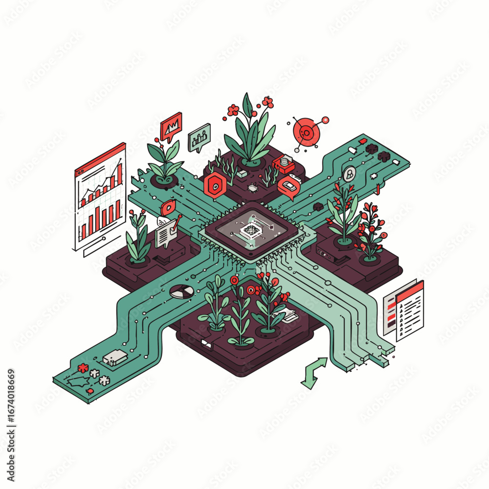 Poster this isometric illustration visualizes the symbiotic relationship between advanced technology and na