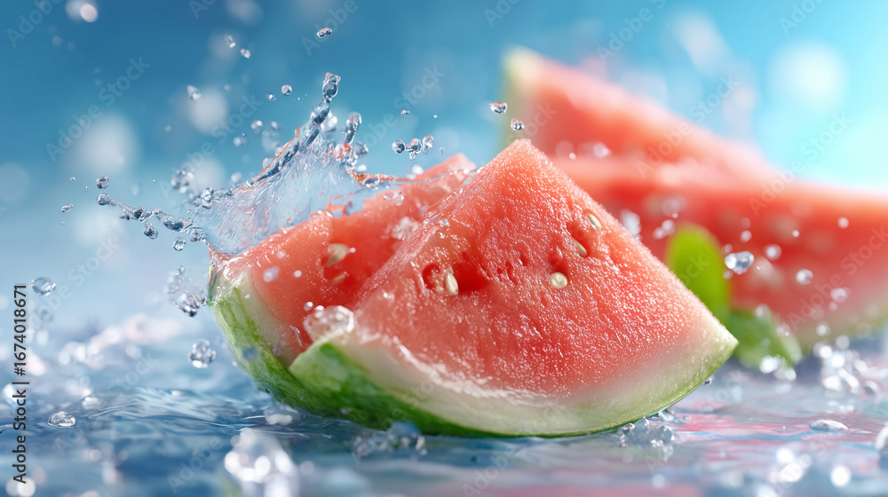 Poster watermelon slices splash in clear and bright water creating a refreshing effect. vibrant setting sug