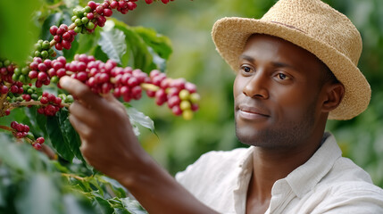 Man gently selecting ripe coffee cherries from vibrant plants. Sunny day with abundant greenery around, showcasing coffee farming. Concept of agriculture, sustainability, direct trade