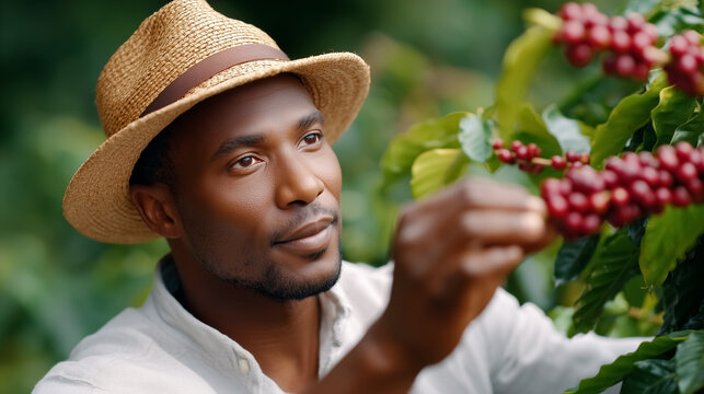 Man carefully selects ripe coffee cherries from vibrant green coffee plants. Bright and clear environment highlights agricultural setting. Concept of coffee industry, farming, fair trade - Powered by Adobe