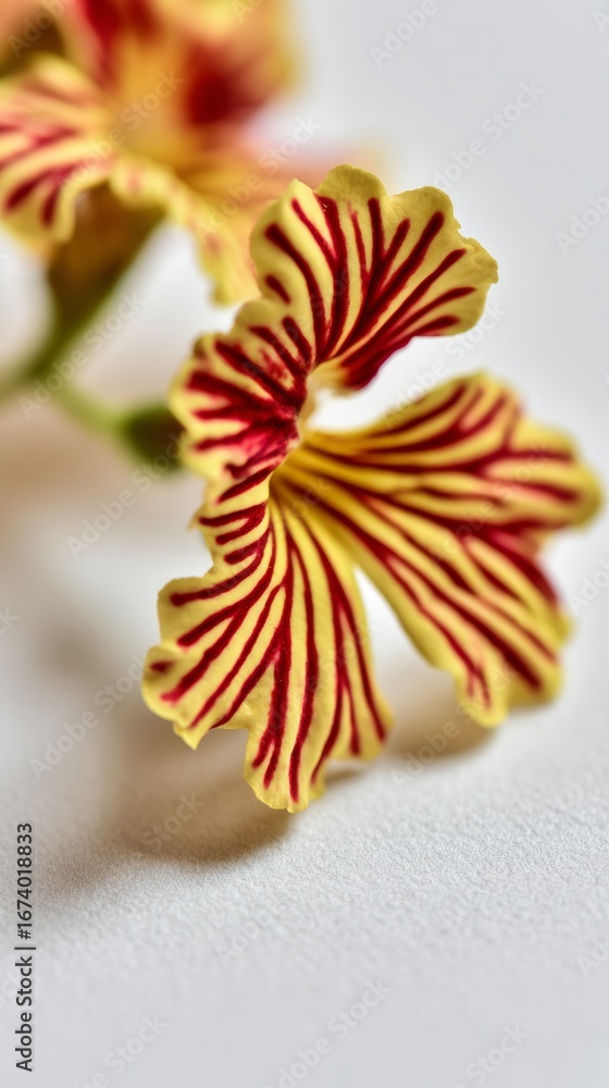 Poster vibrant yellow and red flower with intricate patterns displayed on a light background showcasing its