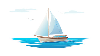 Graceful sailboat sailing on blue water with clouds and birds ocean