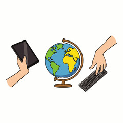 This illustration depicts hands interacting with digital devices like a tablet and keyboard, symbolizing global connectivity and online learning around the world.
