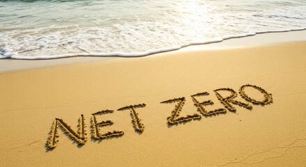 Net Zero Promise Words on Sunny Beach with Ocean Waves.