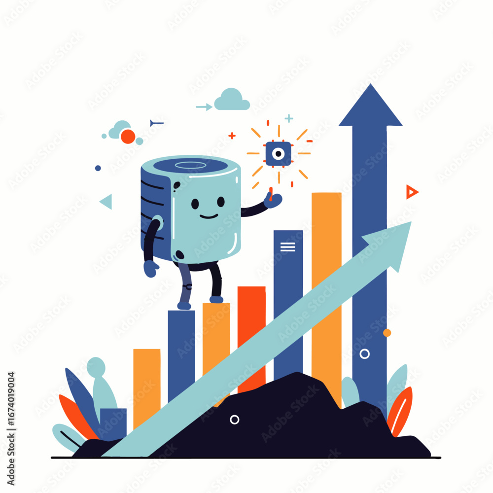 Poster a friendly character stands on an ascending bar graph, symbolizing technological advancement, data-d