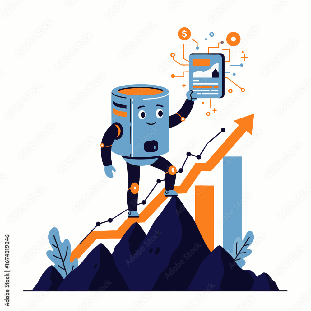 Poster a friendly data robot stands triumphantly on a mountain peak, celebrating significant business growt