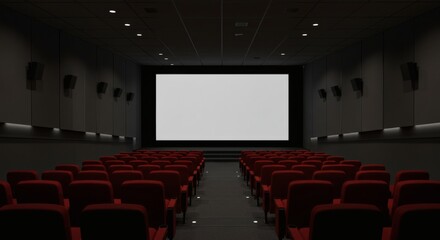Empty Cinema Red Seats Await the Show on a Bright Screen.
