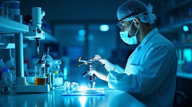 Modern laboratory with advanced technology and bright lighting at night