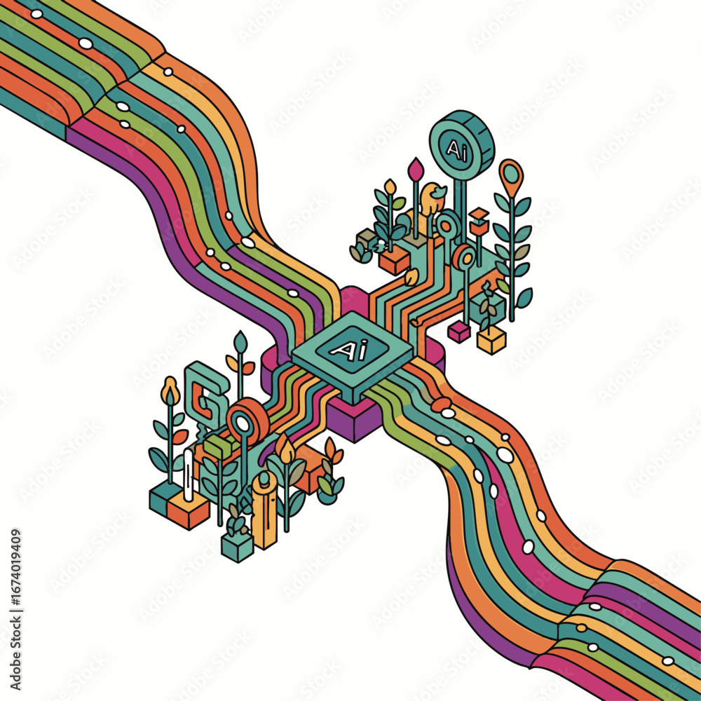 Poster a vibrant isometric illustration visualizes an artificial intelligence chip, channeling colorful dat