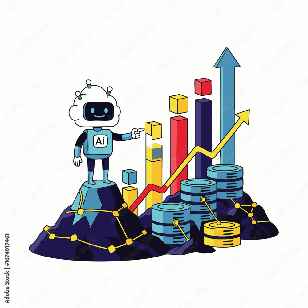 Poster an intelligent ai robot on a digital mountain illustrates business growth and data analysis through 