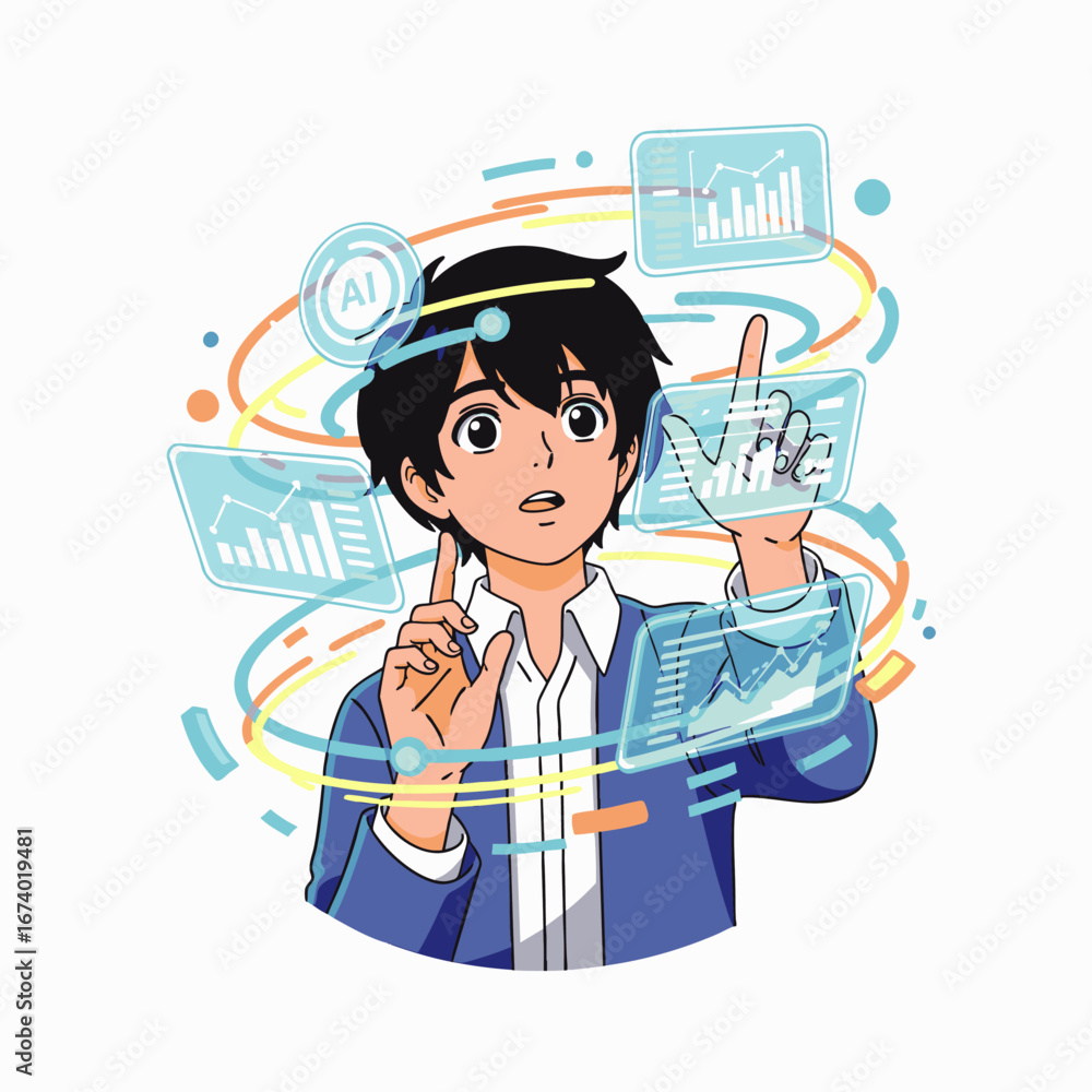 Poster a young person in an anime style interacts with multiple holographic data screens and ai interfaces,