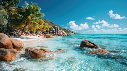 Tropical beach paradise with turquoise water and granite rocks