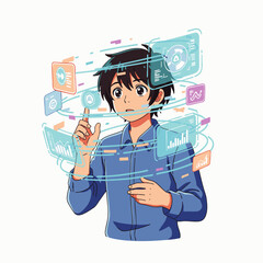 A young anime-style man interacts with a futuristic holographic interface, surrounded by dynamic digital data, representing advanced technology and VR.