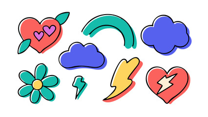 Playful doodle icons hearts clouds flower lightning bolts rainbow