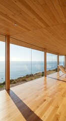 Fototapeta premium Oceanfront Sanctuary: Wood, Glass, and Light